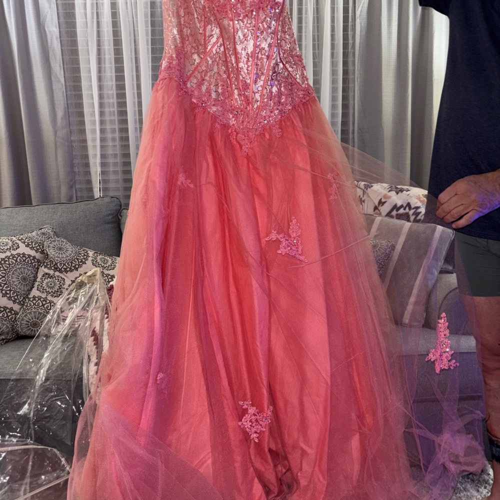 Coral Pink Embellished Tiered Gown with Strapless Neckline for Prom